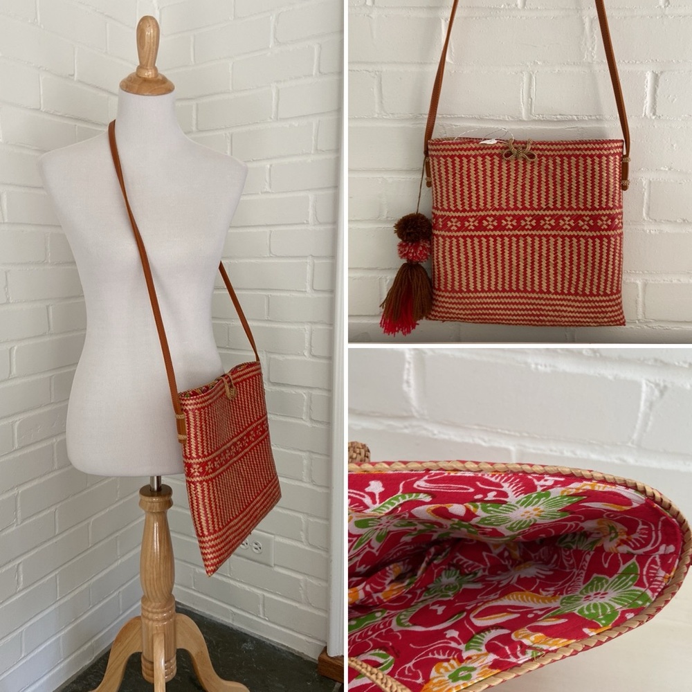 Red and Tan Rattan Woven Crossbody Bag - Colorful Liner With Drawstring - New